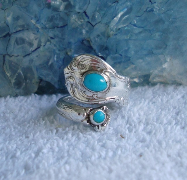 Vintage 2 Turquoise Towle Sterling Silver Spoon Ring Old Master dmfsparkles