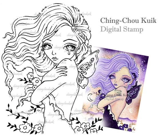 Tears in wind - Digital Stamp Instant Download / Butterfly Moon Fairy by Ching-Chou Kuik