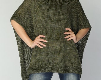 Hand knitted Poncho/ capelet eco cotton poncho in Fall green -ready to ship