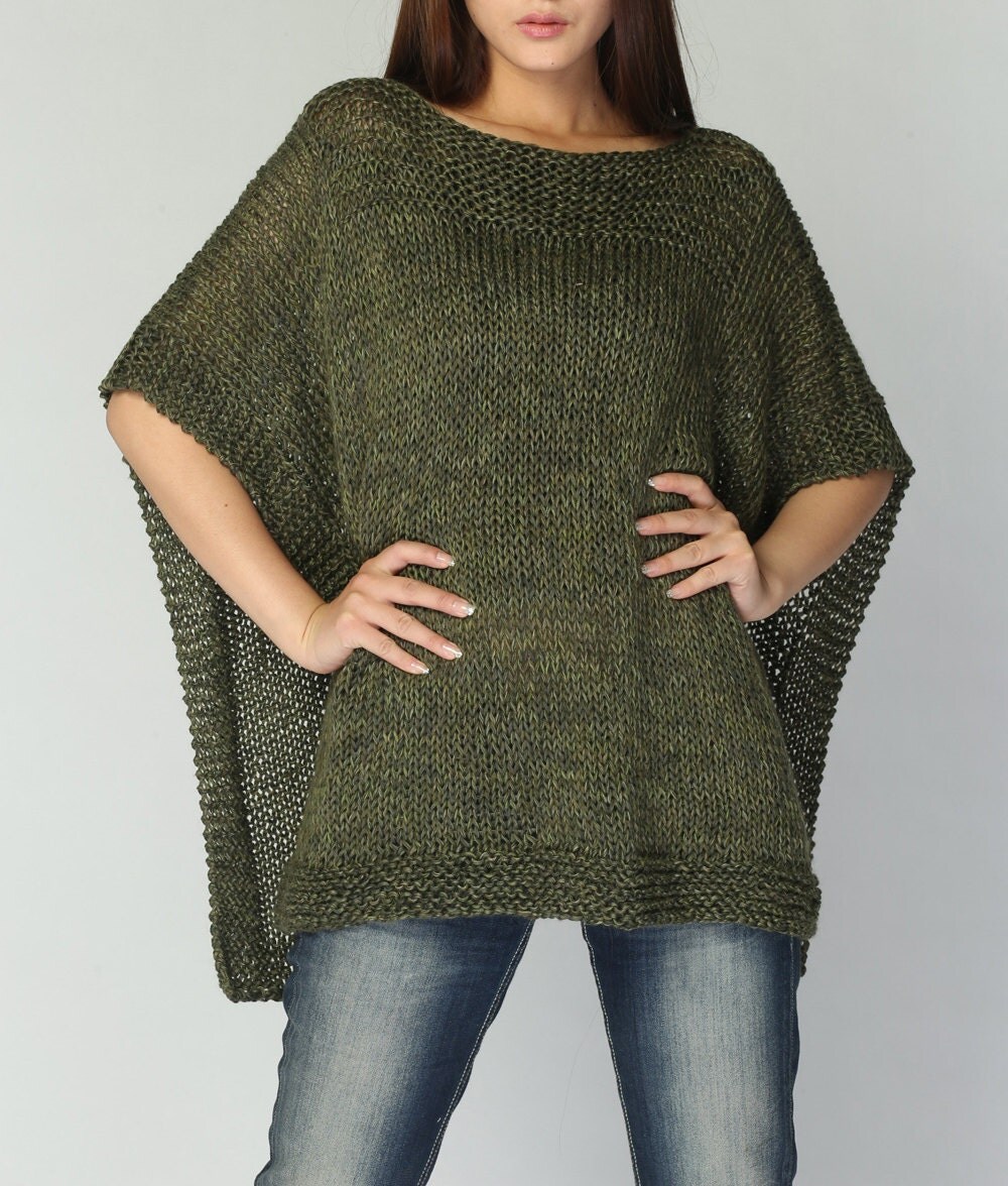 Hand knitted Poncho/ capelet eco cotton poncho in Fall green