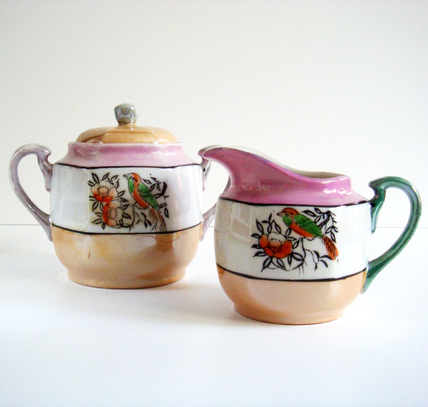 Vintage Cream Sugar Set 30s Japanese Lusterware Pink and