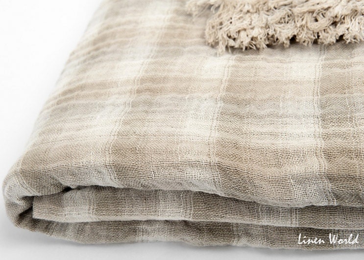 Boho Linen Blanket Throw. Light Brown / Beige Linen Cotton