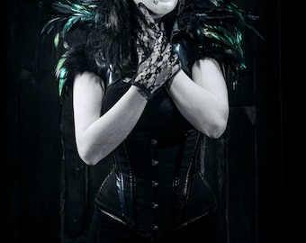 Green Leather Lace Masquerade Mask - Asymmetrical Costume - POISON IVY