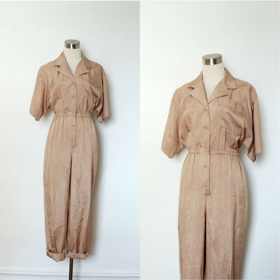 Reserved...Vintage 1980s Jumpsuit / 80s Tan Silky Nylon One