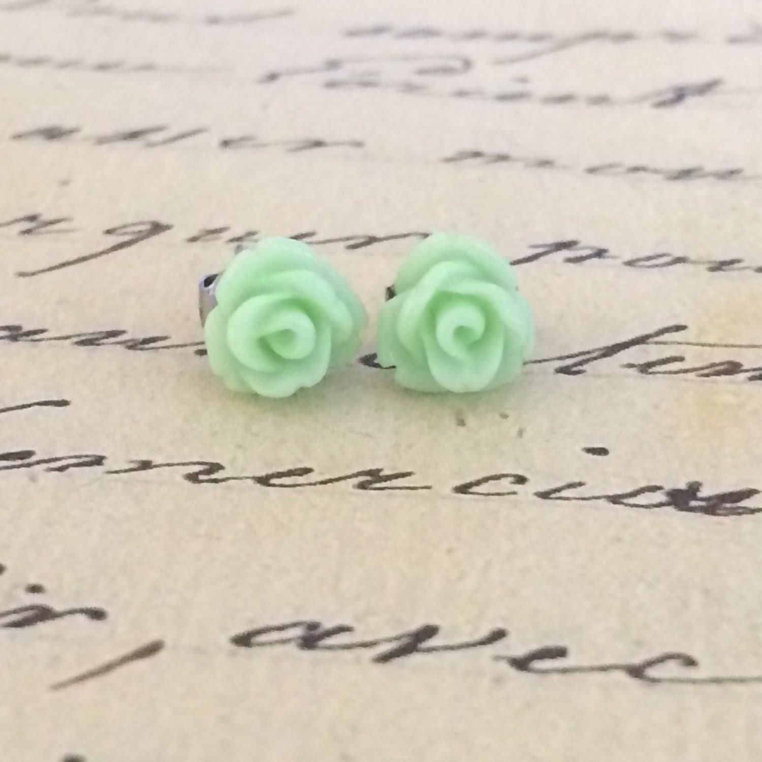 Tiny Mint Green Rose Earrings / Fresh Mint Flower Stud