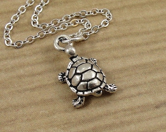 Turtle Necklace, Silver Turtle Charm on a Silver Cable Chain