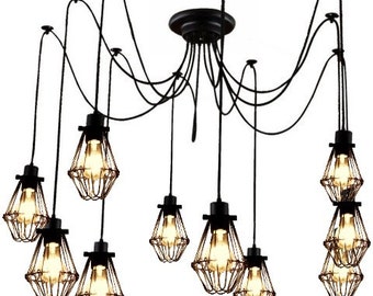 Industrial Cage Pendant Chandelier - 5 , 7 , 9, or 14 Pendants Modern lighting Industrial Chandelier Black Hanging Pendants industrial light