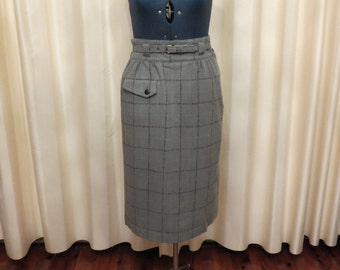 Vintage 80s High Waisted Greenish Grey Wool Checkered Skirt