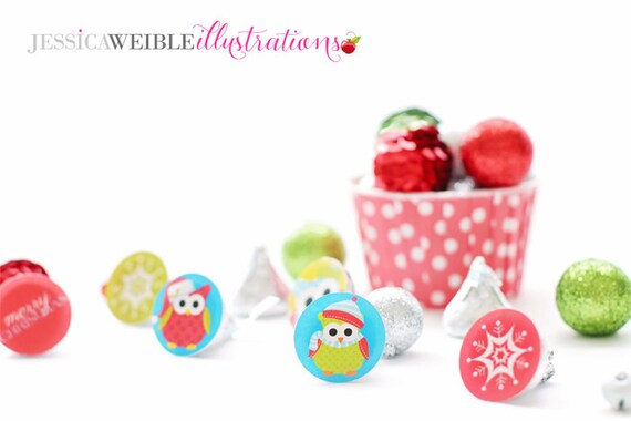 Christmas Owls Theme Printable 1 inch Circle Collage Sheet, 1-inch Bottle Cap Circles, Digital File Il_570xn