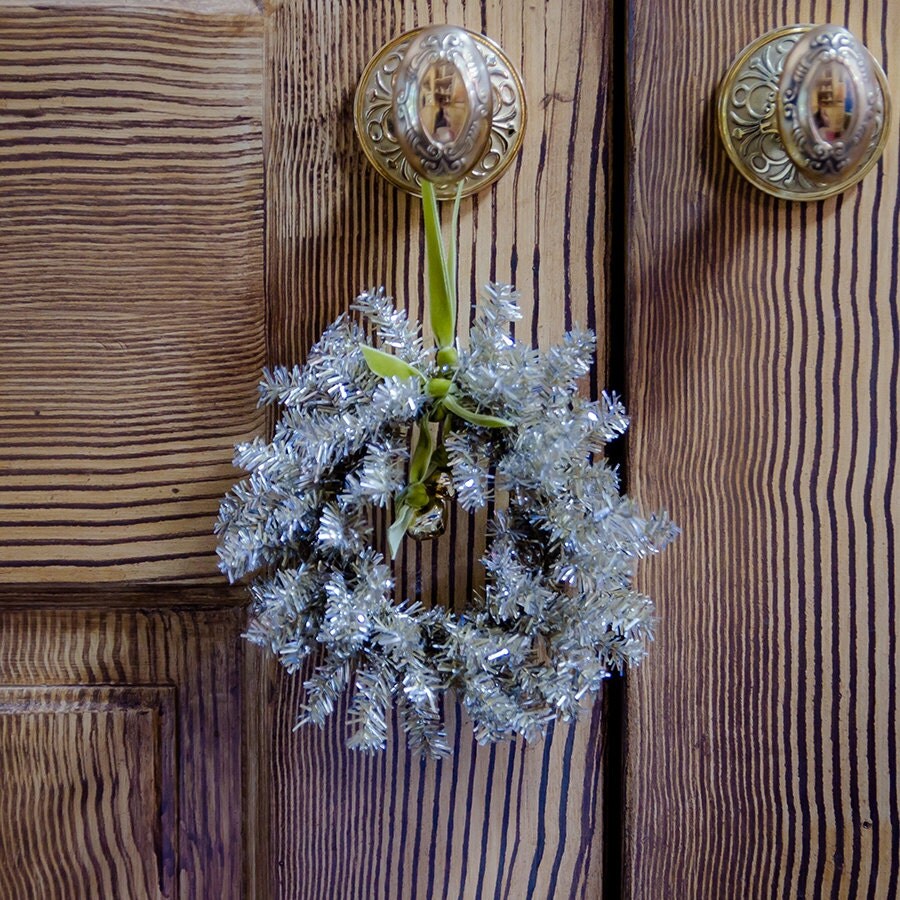 Vintage Inspired Jingle Bell Tinsel Door Hanger Wreath with Olive Green Velvet Ribbon - Vintage Christmas Decor