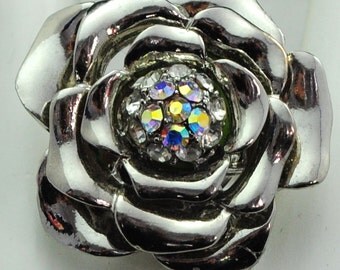 Silver Flower Statement Ring/Aurora Borealis/Rhinestone/Wedding Jewelry/Holiday Ring/Gift For Her/Adjustable/Under 20 USD