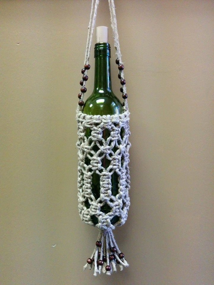 Natural Hemp Macrame Beaded Wine Bottle Holder