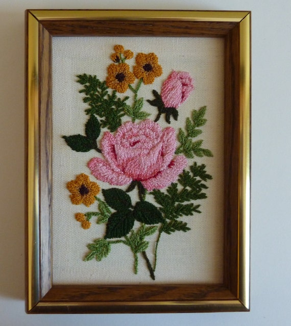 Items similar to Vintage Framed Floral Embroidery Pink Roses and Green Foliage Ready to