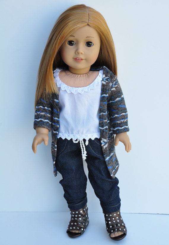 American Girl Clothes - Cardigan, Grey, Taupe, Blue, Long Sweater, Top, Separates