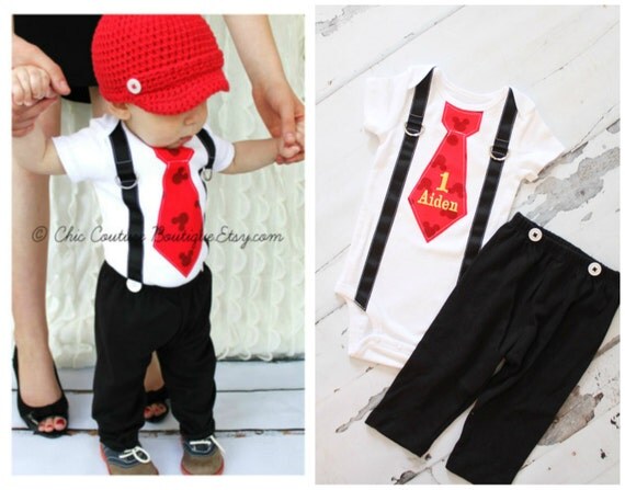 Personalized Mickey Mouse Birthday Tie and Suspenders Bodysuit & Black PANTS w White Buttons SET. Baby Boy First Birthday Party Disney Style by ChicCoutureBoutique