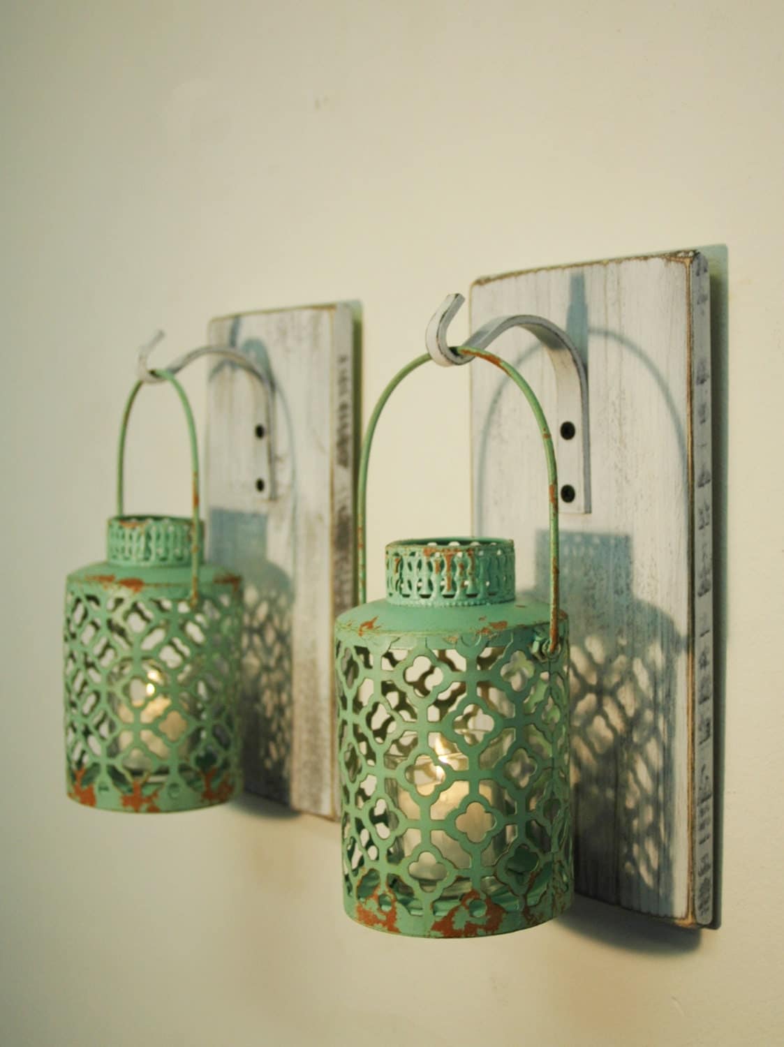 Shabby Chic Turquoise Lantern Pair CANDLES INCLUDED