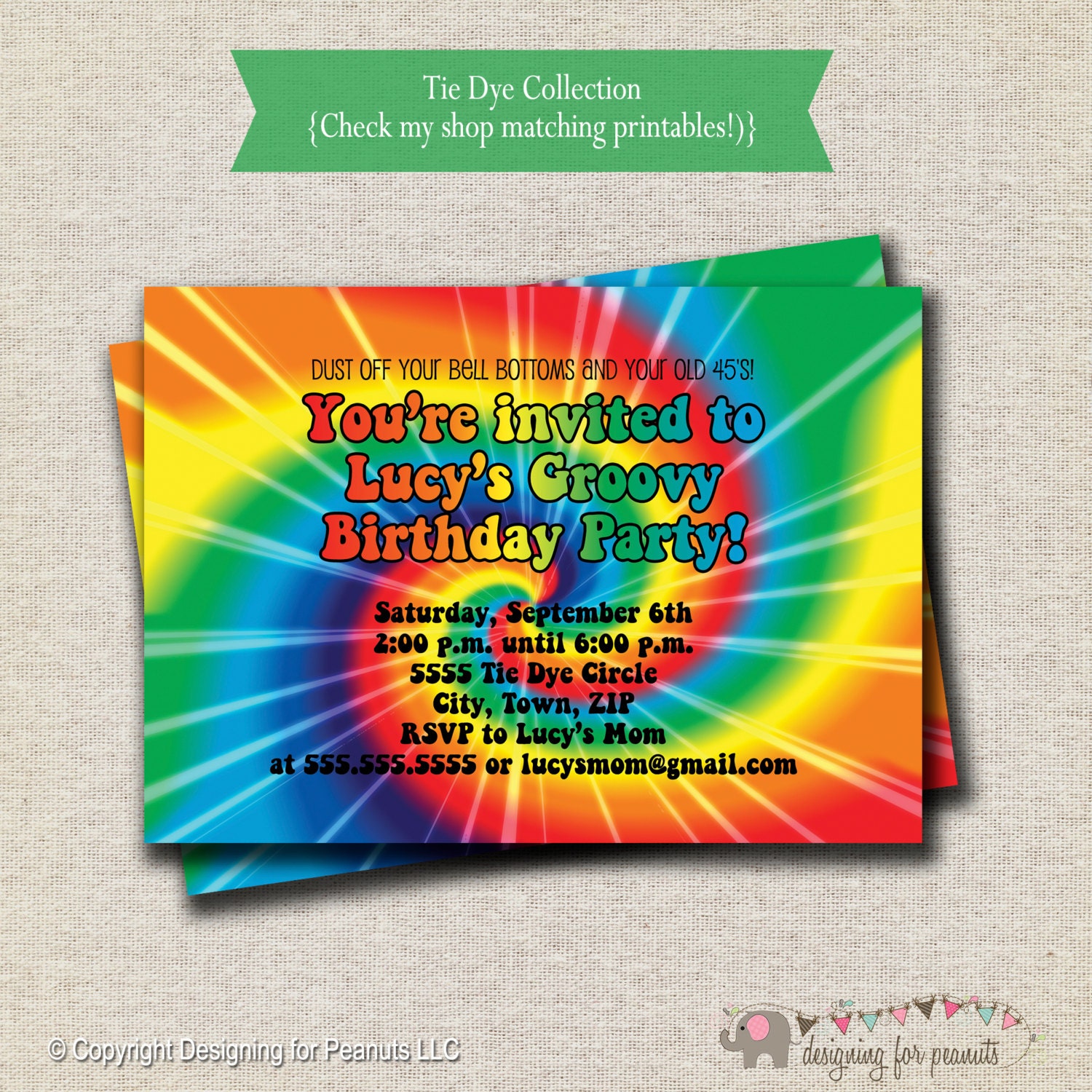 rainbow tie dye birthday party invitation 60s 70s hippy