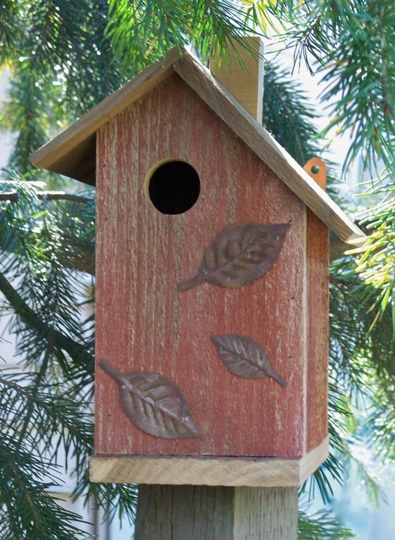 Rustic Red Bird House Red with Rusty Leaf Accent Pieces No