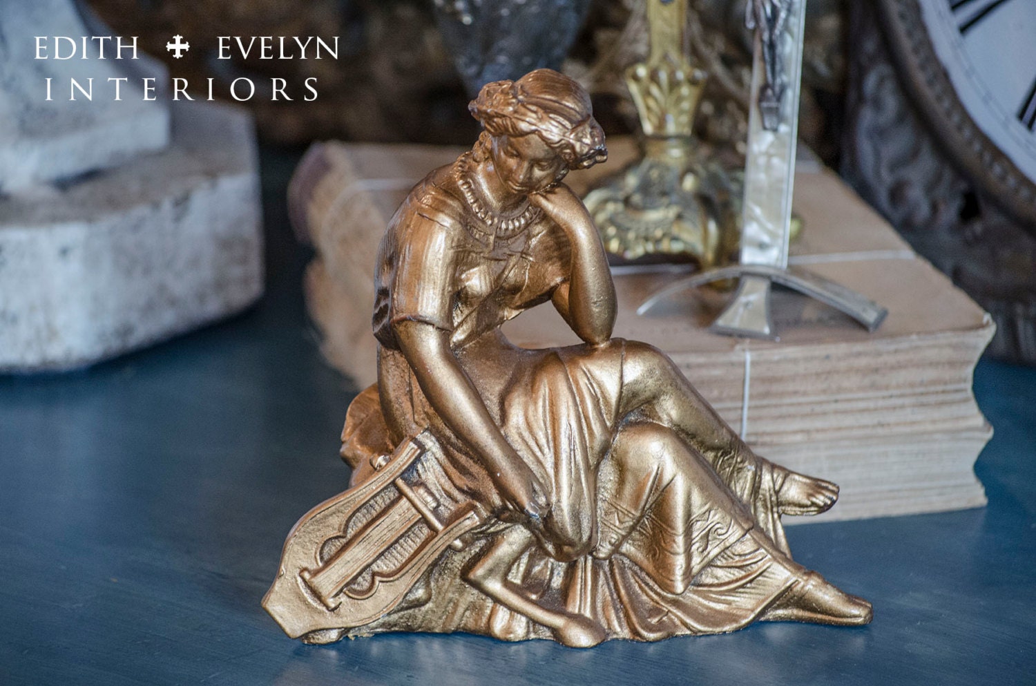 Antique Victorian Lady Statue Garniture Spelter Mantel Clock