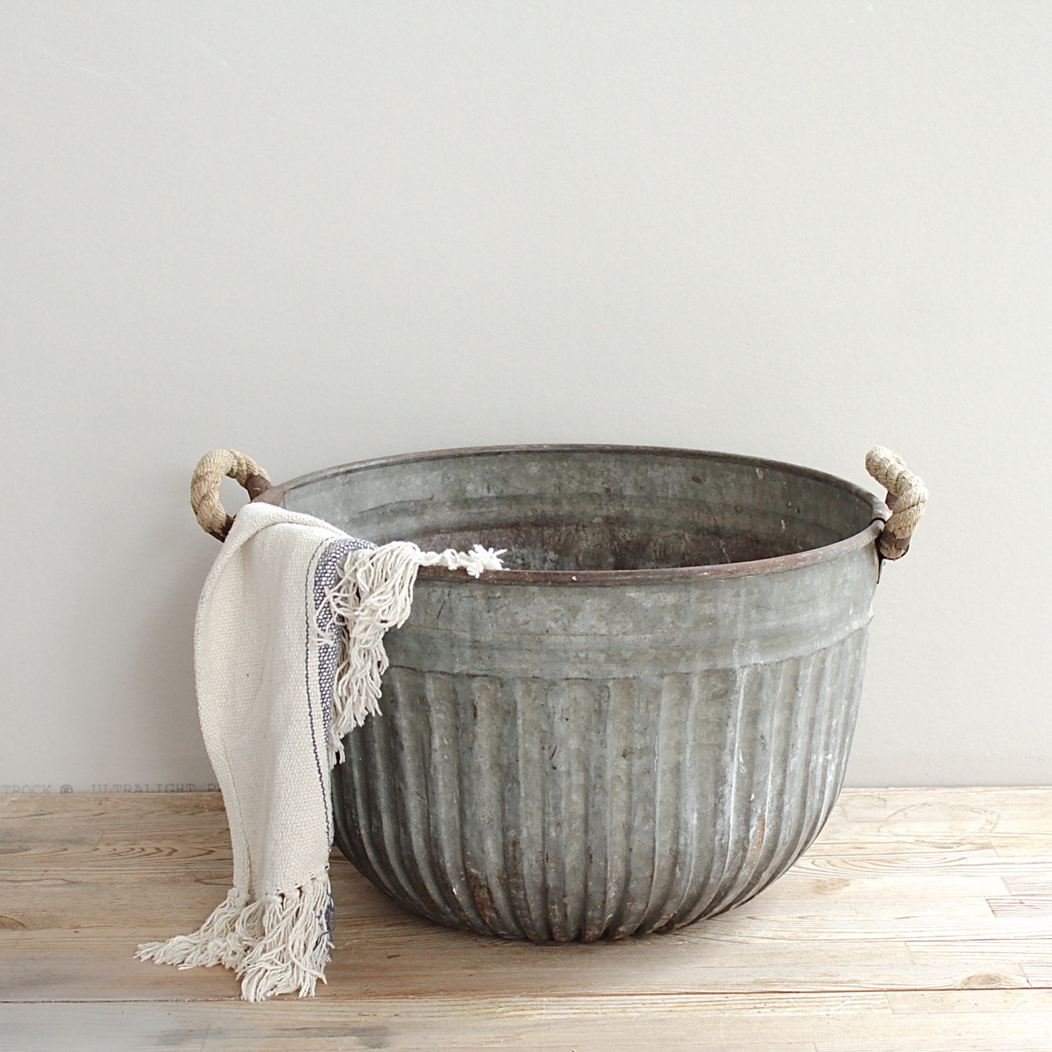 Vintage Metal Bucket with Rope Handles