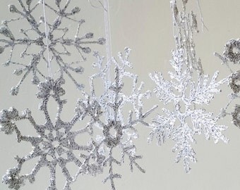 12 silver sparkling snowflakes, crochet snowflakes, lace crochet snowflakes, christmas decoration, crocheted snowflakes, shining snowflakes
