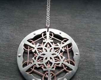 Ankh Lotus Mandala and Metatron's Cube Pendant - sterling silver and copper - Handcrafted Sacred Geometry Jewellery