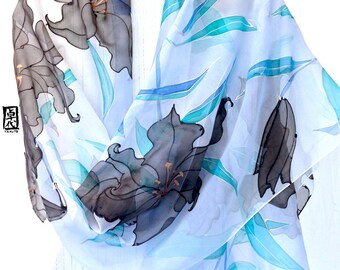 Hand Painted Silk Shawl, Blue Silk Shawl, Japanese Kimono Black Lilies, Chiffon Scarf, Silk Scarves Takuyo, 21x89 inches. Made to order.