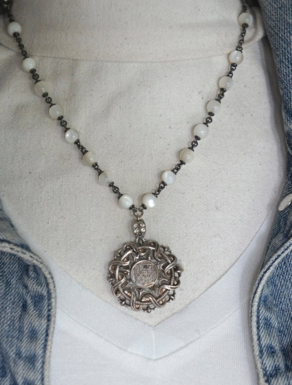 Family Heirloom-Vintage assemblage necklace crest pendant MOP