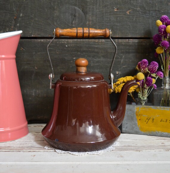 Vintage Brown Enamel Kettle with Wooden Handle Teapot