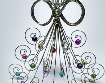 Standing Angel 4" Tall, Silver Tone or Bare Copper Wire, Swarovski Crystal Head, assorted color glittery beads