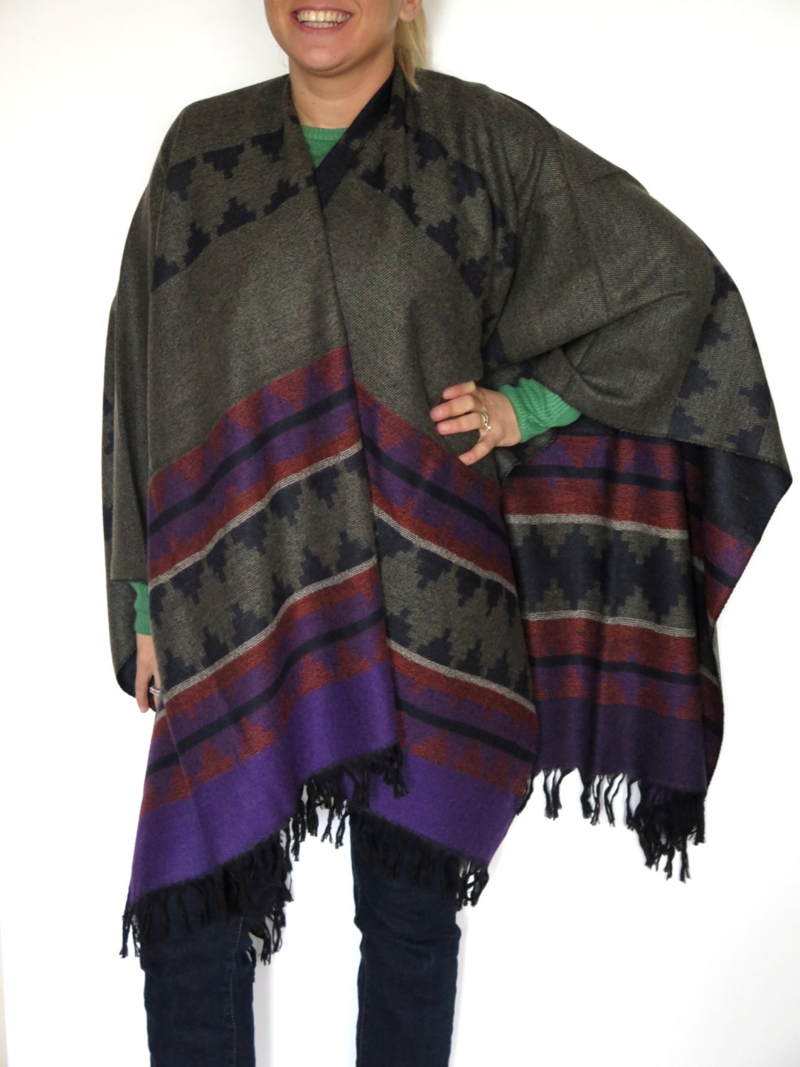 Bohemian Poncho Tribal Coat Aztec Coat Wool Poncho by EmofoFashion