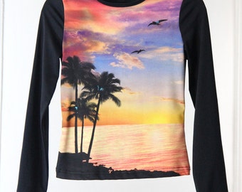 Photo Print Sunset Beach Scene 90s Stretchy Top