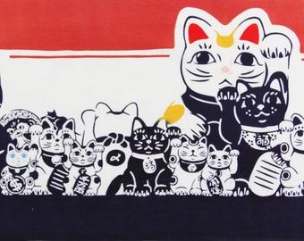 Japanese cat fabric, Tenugui Maneki-neko Fortune Cats, lucky cats japanese indigo blue fabric, kawaii fabric,Tenugui, japanese cotton