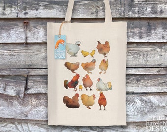 Chickens Tote Bag, Reusable Shopper Bag, Ethically Produced Shopping Bag, Cotton Tote, Shopping Bag, Eco Tote Bag