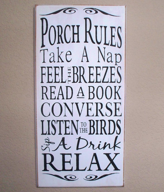 PORCH RULES - Wood sign - hand painted - white with black lettering - large - subway art - typography - rustic -