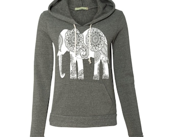 Womens Paisley ELEPHANT Hoodie Sweatshirt Hooded Alternative Apparel Gray, Blue, Pink, Black