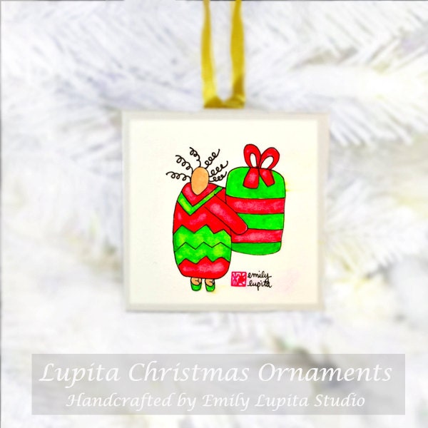 Christmas Ornament: ORIGINAL Watercolor Painting on Canvas - Unique Handmade One of a Kind Christmas Gift Christmas Tree Angel Decoration