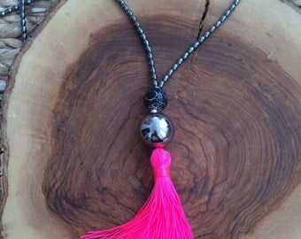 Long Beaded Necklace - Hematite beads and neon pink necklace - Hot pink Tassel Necklace