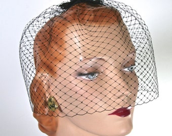 Black Cocktail Hat with Veil, Full Birdcage Veil, Mourning Veil, Black Veil