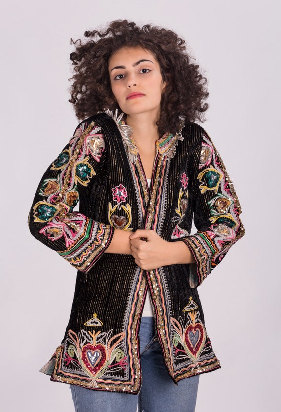 Items similar to Vintage Hippie Velvet Jacket with Colorful Embellishment,Ethnic clothing,Hippie ...