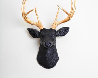 Faux Deer Head - The Alexandr - Black w/Gold Antlers Resin Deer Head- Stag Resin White Faux Taxidermy- Chic & Trendy