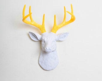 Faux Taxidermy - The MINI Baron - White W/ Yellow Antlers Resin Deer Head- Stag Resin White Faux Taxidermy