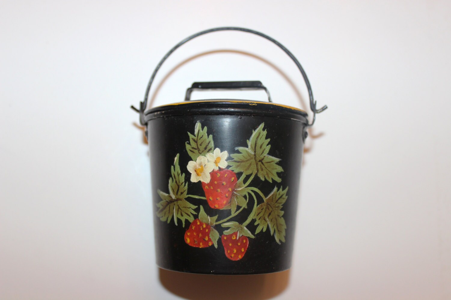 Mini Toleware Strawberry Painted Tin Bucket With Lid
