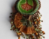Helen's Ginkgo, OOAK, bead embroidered and bead woven brooch