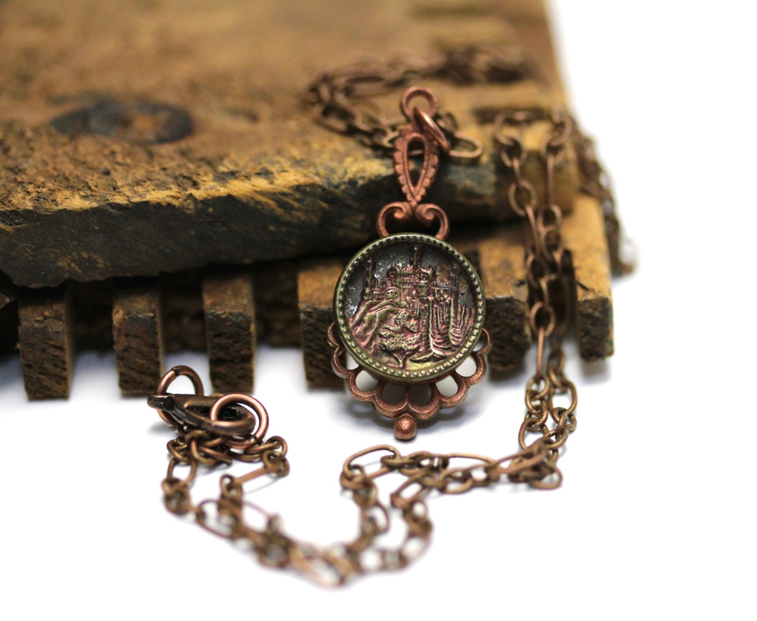 Fairytale Necklace Castle Jewelry Antique Button