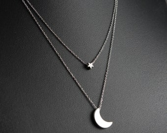 Silver Moon and Star Layered Necklace, Dainty Necklace, Delicate Fine Chain, Silver Crescent Moon and Star