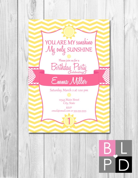 You Are My Sunshine Birthday Party Invitation - Sunshine Birthday - Yellow and Pink - Chevron Stripes - DIY - Printable Il_570xn