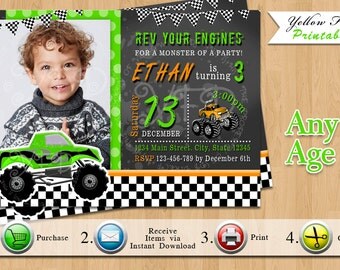 Monster Truck Invitation, Monster Truck Boy Party, Checker Flag, Chalk Board, Boy Invitation - Style 1- YOU PRINT