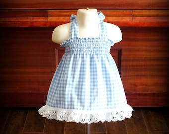 Custom Blue & White Gingham Smocked Sundress by Steady As She Goes baby girls 0 3 6 12 18 24 mo 2T eyelet lace Dorothy Wizard of Oz costume