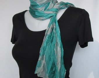 Silk scarf long crinkle hand painted - viridian green and grey